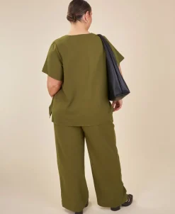 Clearance Isobelle Linen Blend Shirred Shoulder V-Neck Top Women Tops|Plus Size