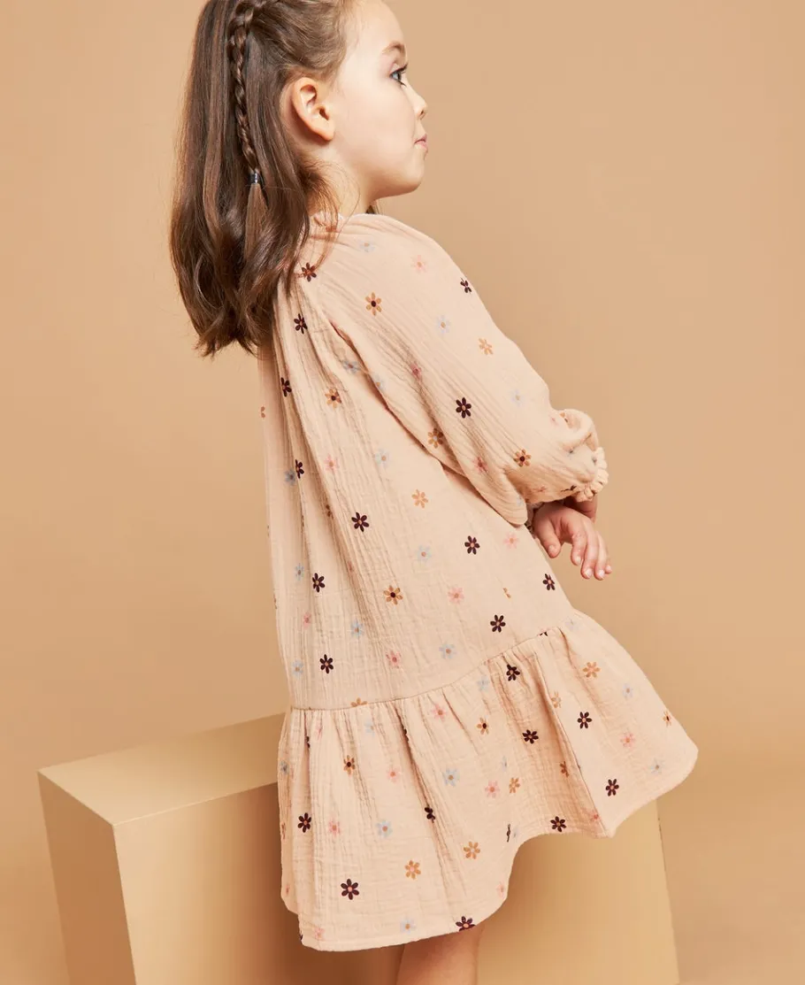 New Little Kids' Long Sleeve Gathered Double Cloth Print Dress Kids Dresses|Kids 1 - 7