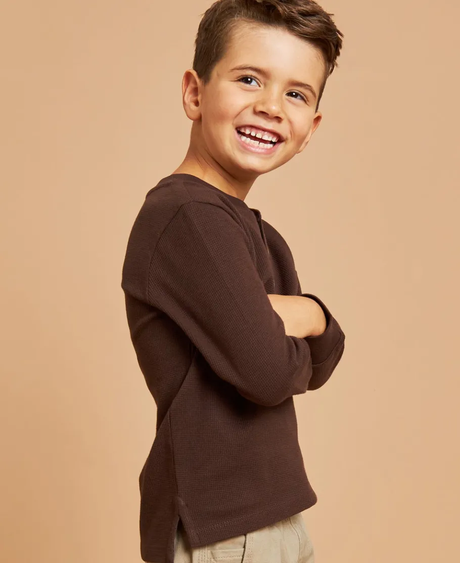 Best Little Kids' Long Sleeve Waffle Henley Tee Kids Tops|T-Shirts