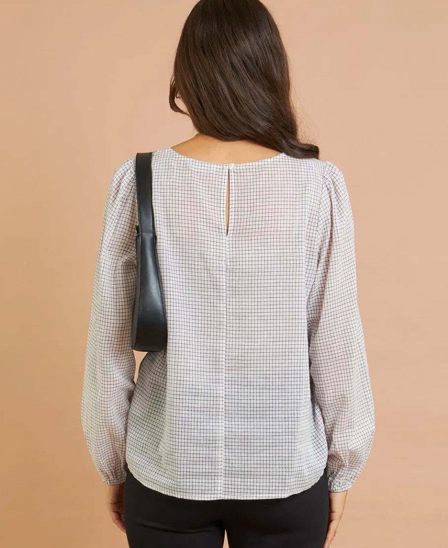 Sale Women's Check Blouson Sleeve Blouse Women Tops