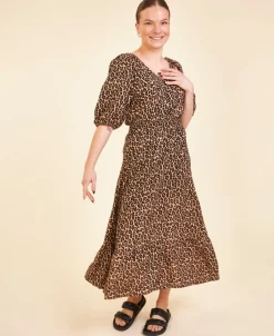 Fashion Women's Puff Sleeve Print Midi Dress Women Dresses