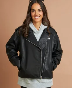 Online Women's Relaxed Pleather Jacket Women Jackets & Coats