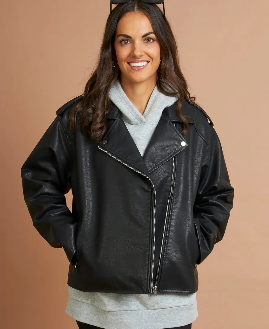 Online Women's Relaxed Pleather Jacket Women Jackets & Coats