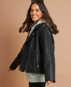 Online Women's Relaxed Pleather Jacket Women Jackets & Coats