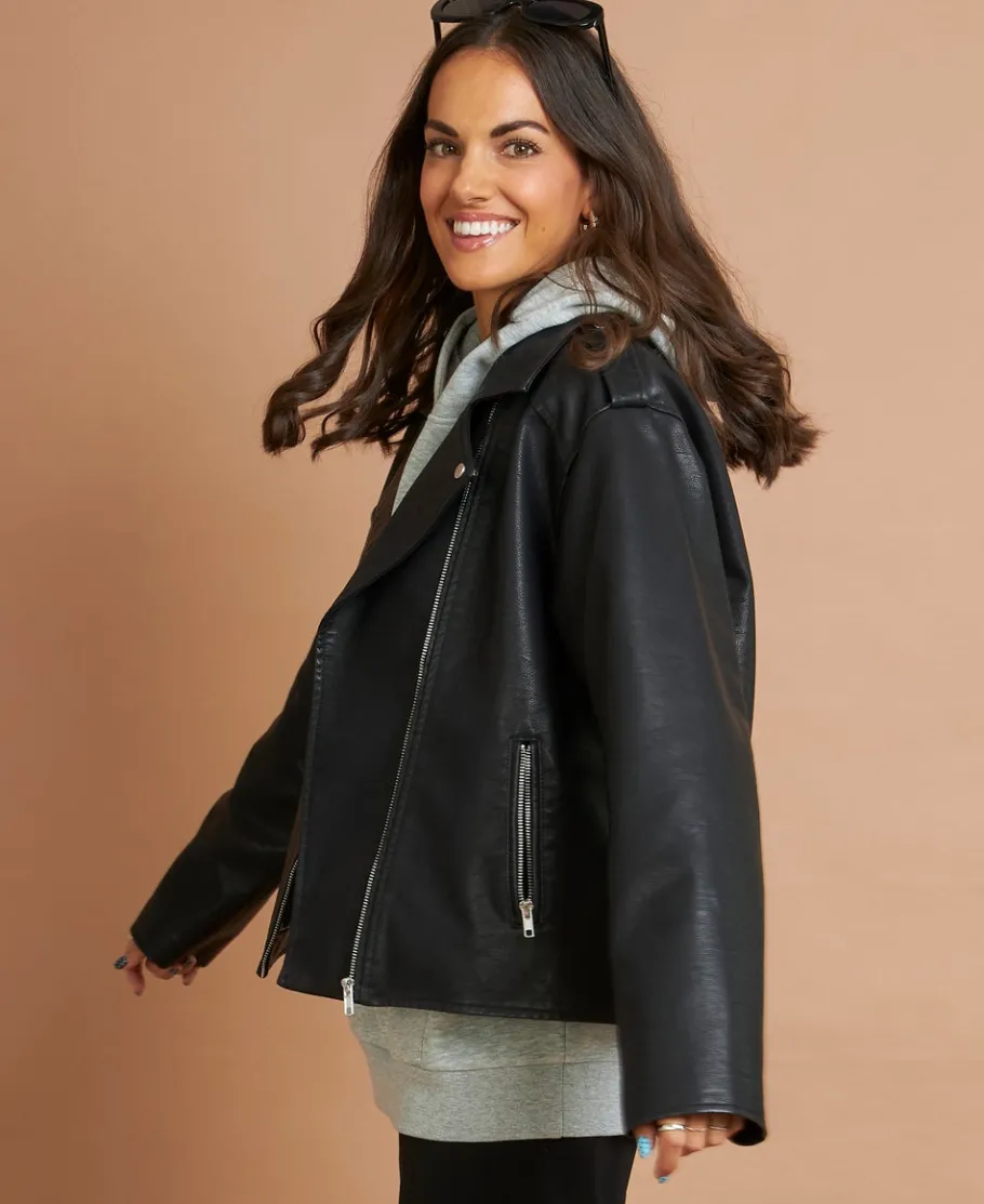 Online Women's Relaxed Pleather Jacket Women Jackets & Coats