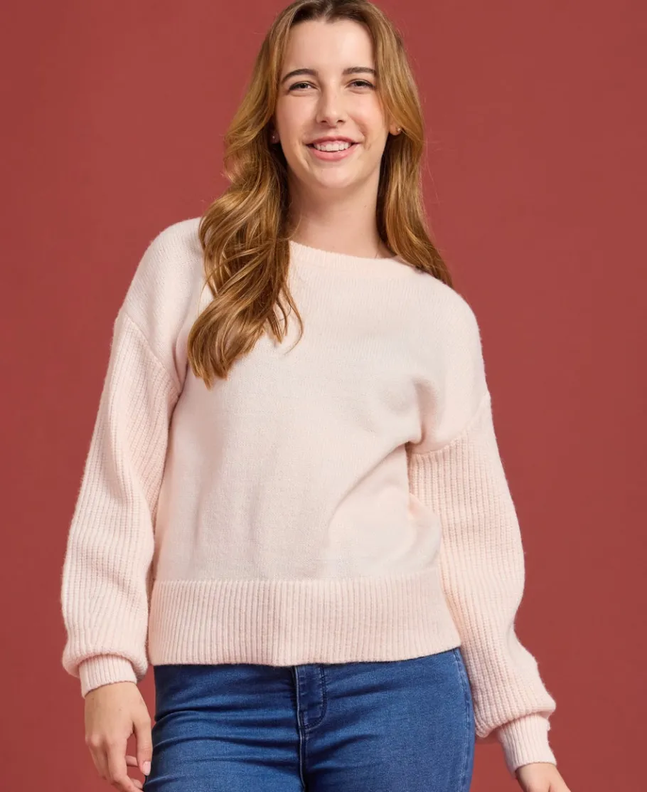 Hot Women's Rib Sleeve Crew Jumper Women Knitwear